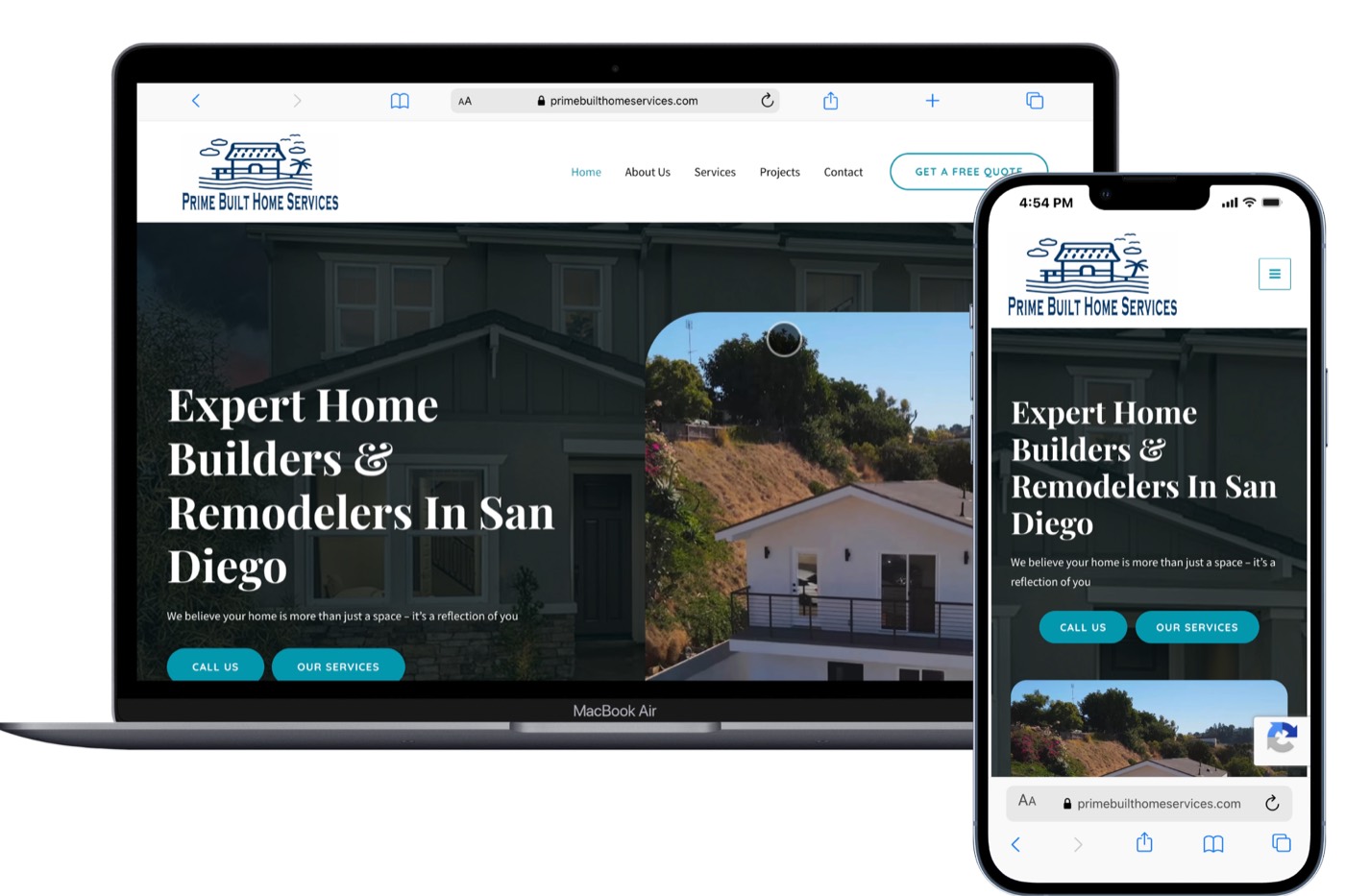 Real contractor website built by TMG for a San Diego home builder shown on laptop and mobile