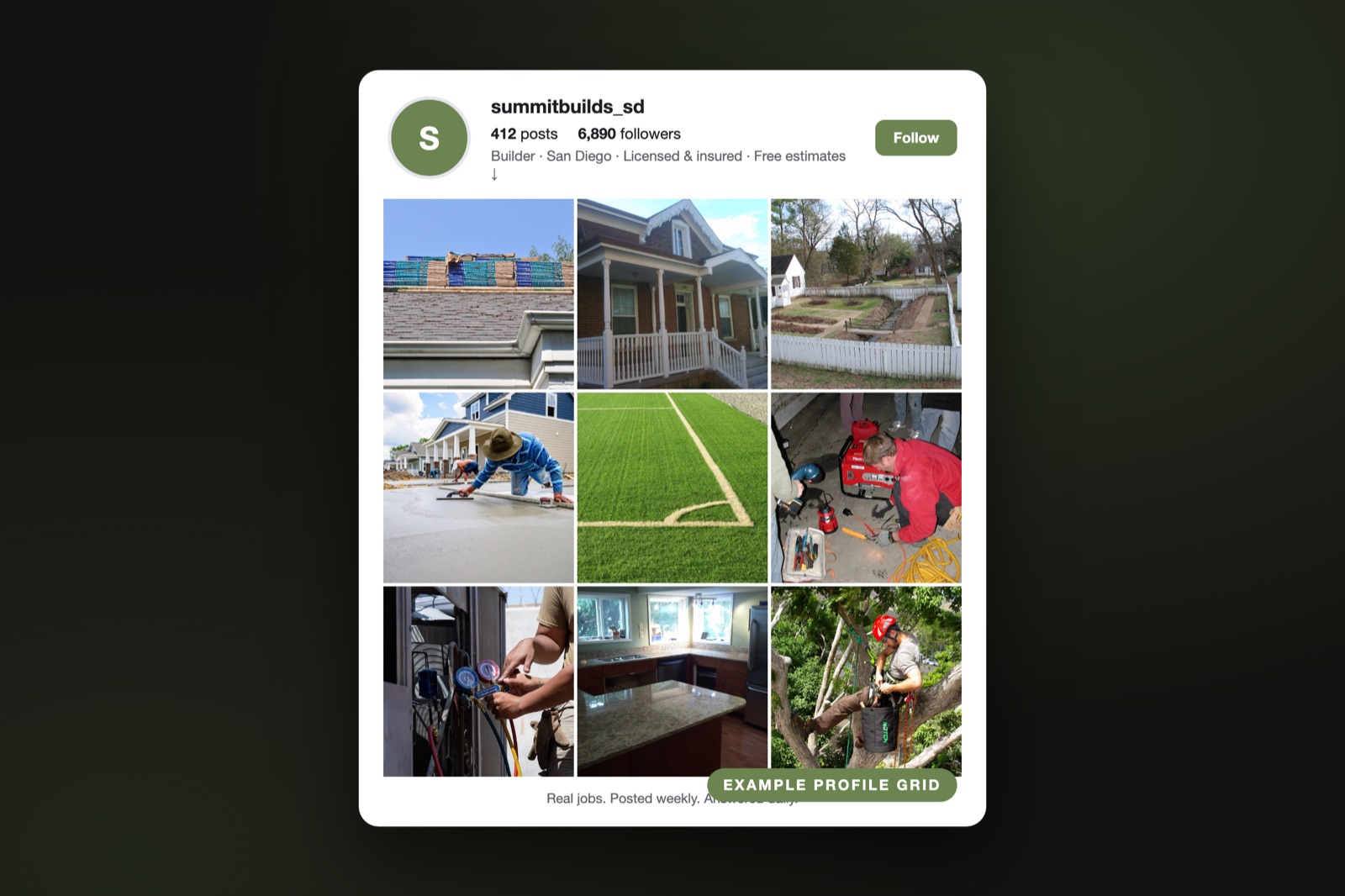 Example contractor Instagram profile grid managed by TMG showing consistent project photos and an active posting cadence