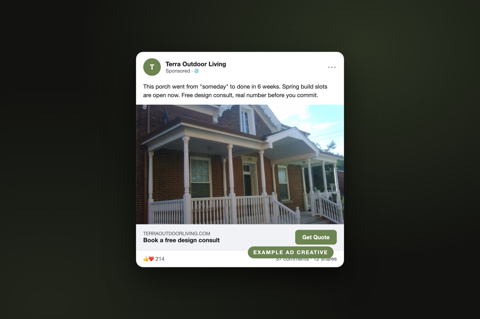 Example Facebook and Instagram ad for an outdoor living contractor showing a backyard transformation with a quote request button