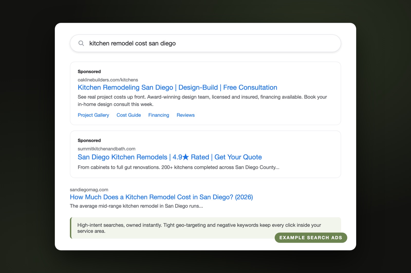 Example Google search ads for kitchen remodeling companies showing sponsored results above organic listings