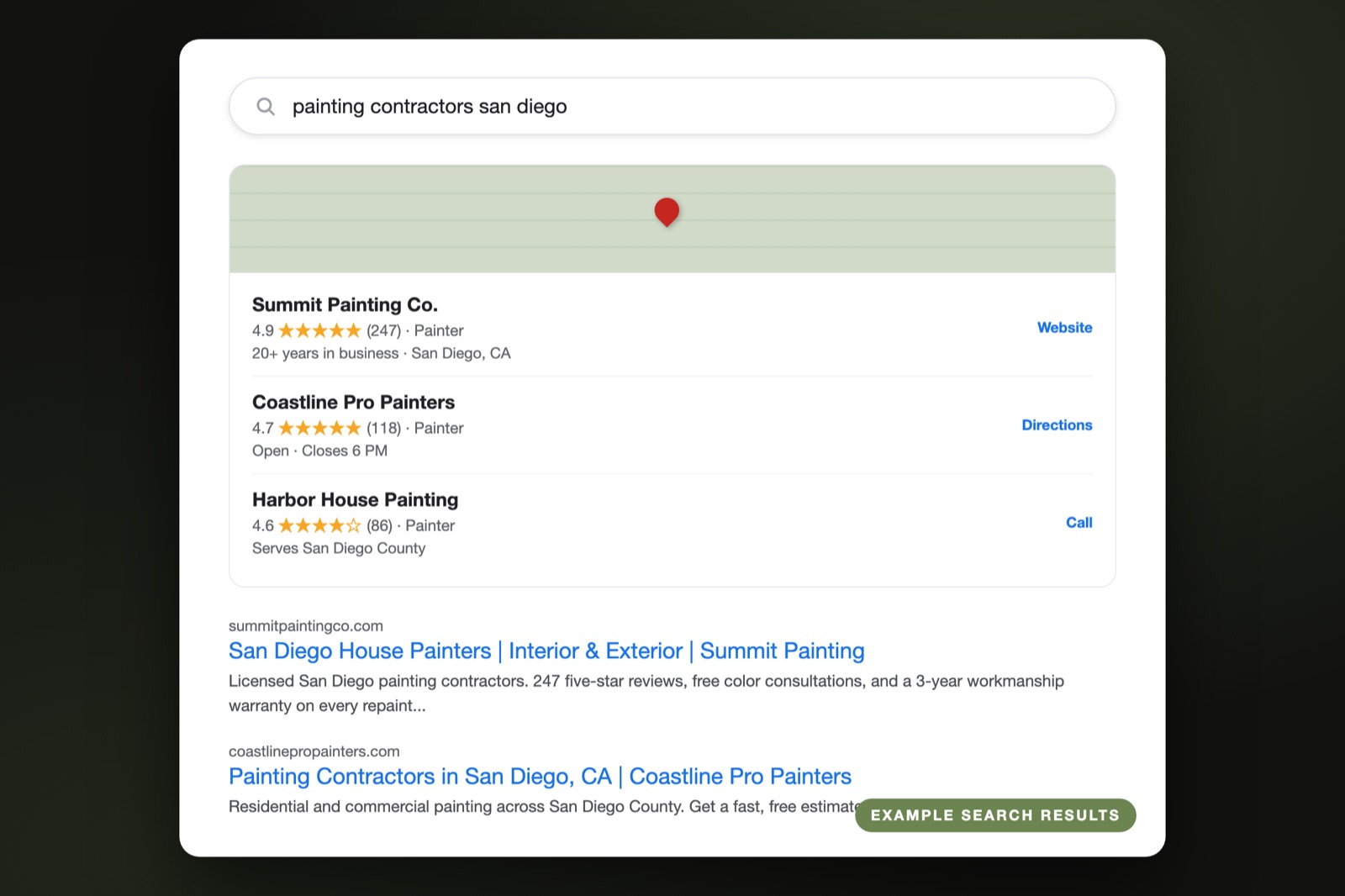 Example Google search results page for painting contractors in San Diego showing the local map pack and first-page organic rankings